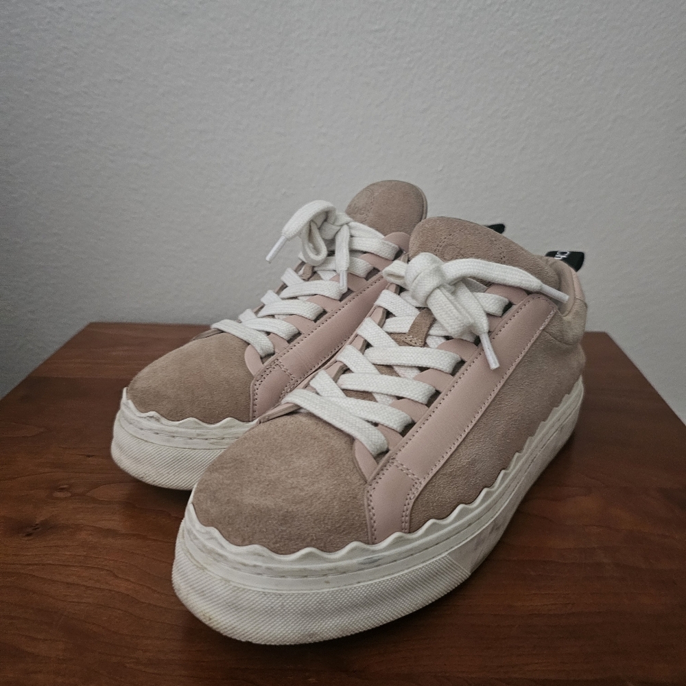 CHLOÉ Pink Suede Scalloped Accent Espadrille Sneakers